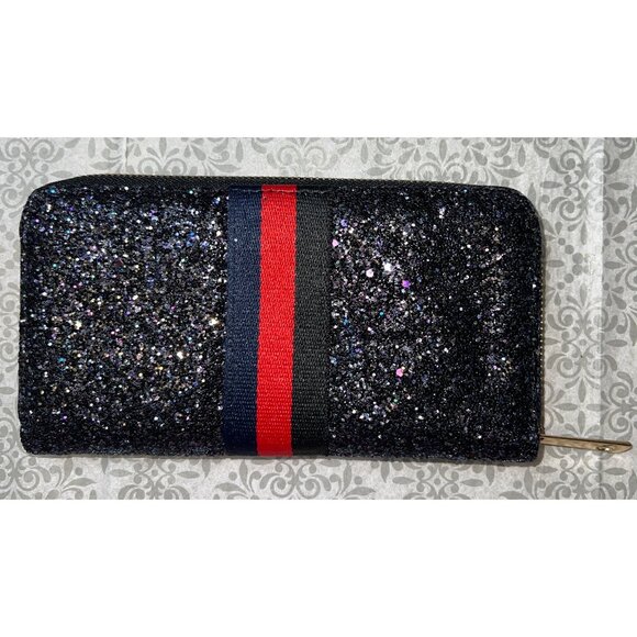 Black Glitter Wallet Red Stripe Zipper Multiple Compartments Compact Size - Picture 1 of 2